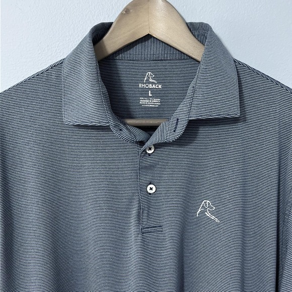Rhoback Polo Shirt Mens Large Blue White Stripe Performance Stretch Golf - Picture 2 of 13